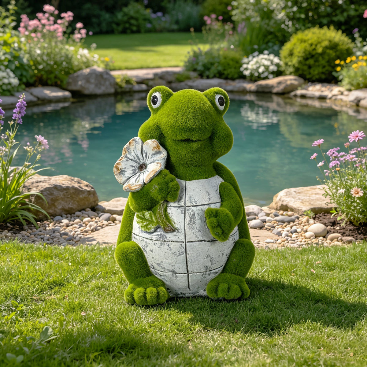 Flocked Turtle Garden Statue with Flocked Finish - Green