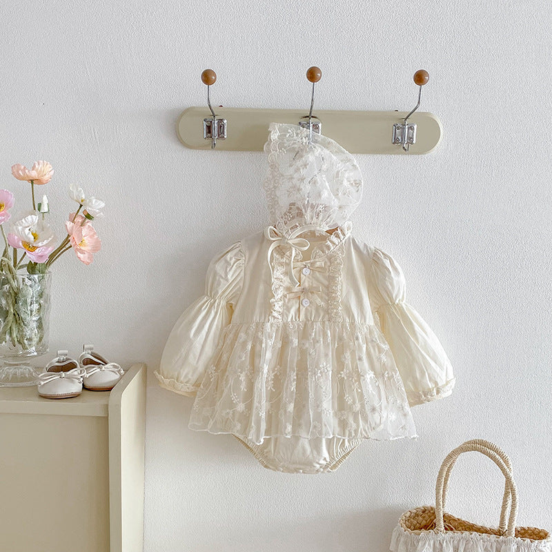 Sweet Baby Clothes Bodysuit, Pinafore Dress, Long-sleeve Soft Lace Romper, And Hat