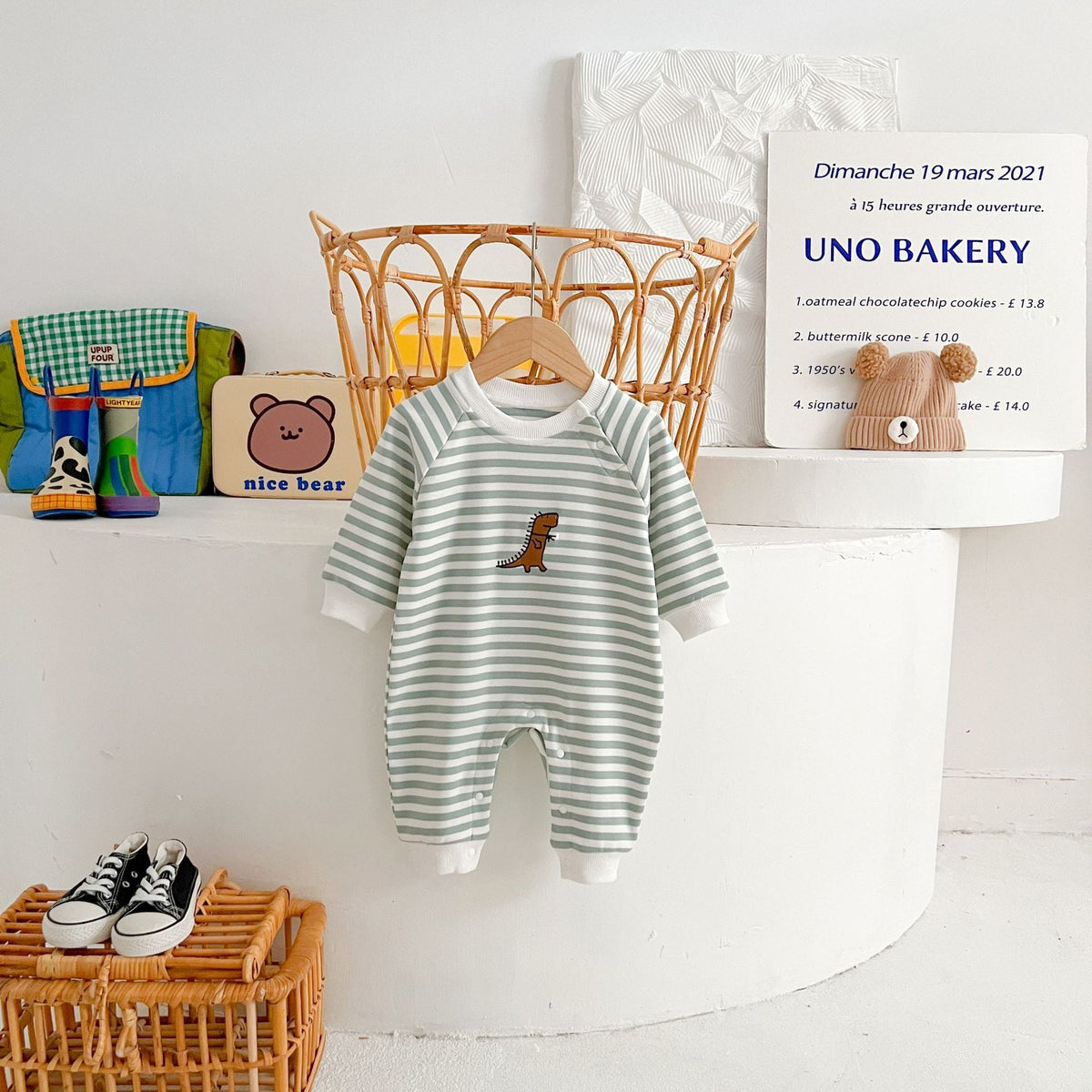 Springautumn New Arrival Striped Dinosaur-embroidered Baby Romper For 0 2 year olds