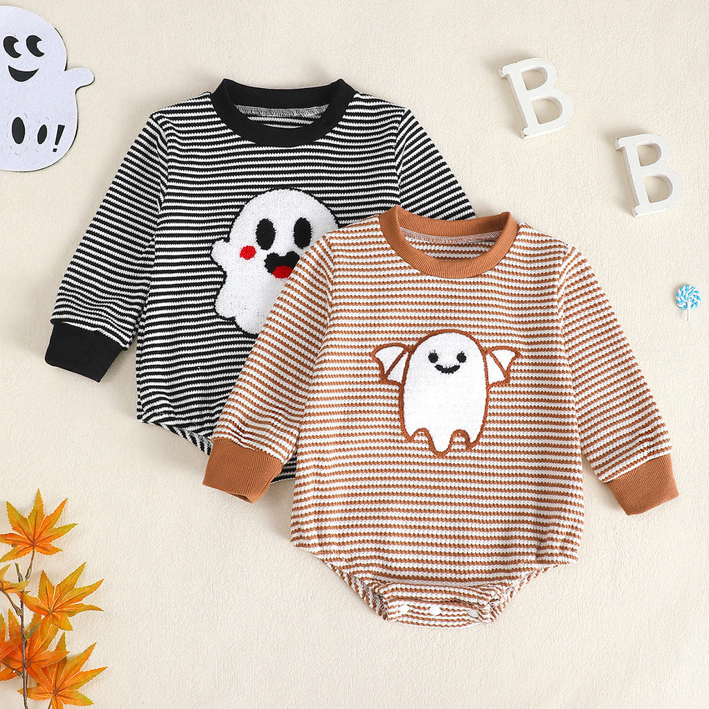 Baby Girl Waffle Knit Striped Long Sleeve Romper with Ghost Embroidery