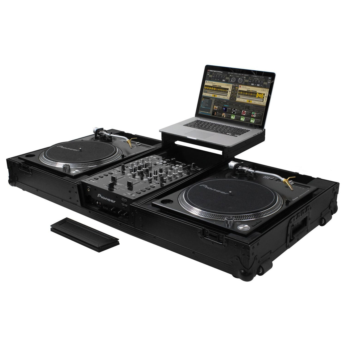 Odyssey FZGSLBM10WRBL - Black Low Profile 10" Format DJ Mixer and Two Battle Position Turntables Flight Coffin Case with Wheels and Glide Platform