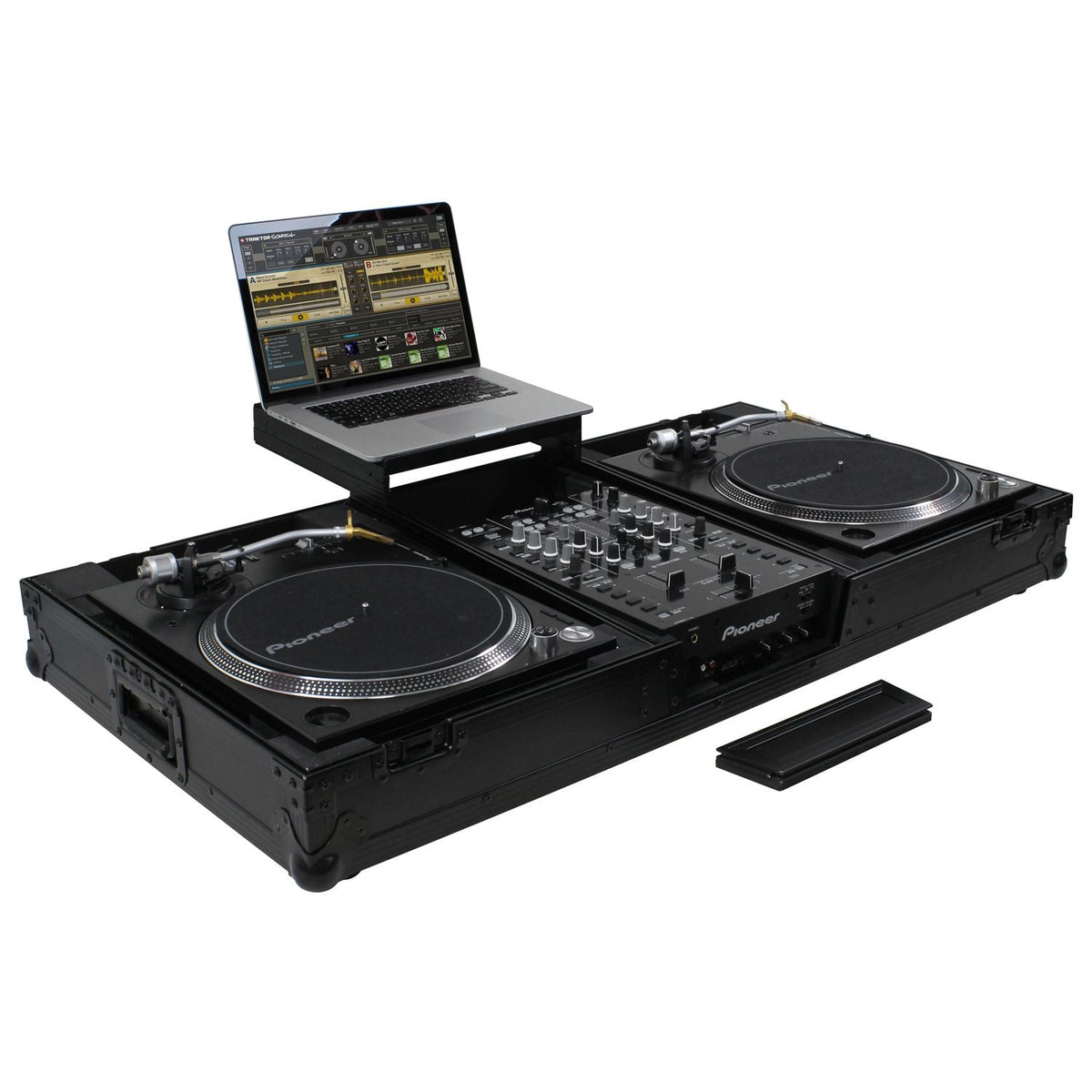 Odyssey FZGSLBM10WRBL - Black Low Profile 10" Format DJ Mixer and Two Battle Position Turntables Flight Coffin Case with Wheels and Glide Platform
