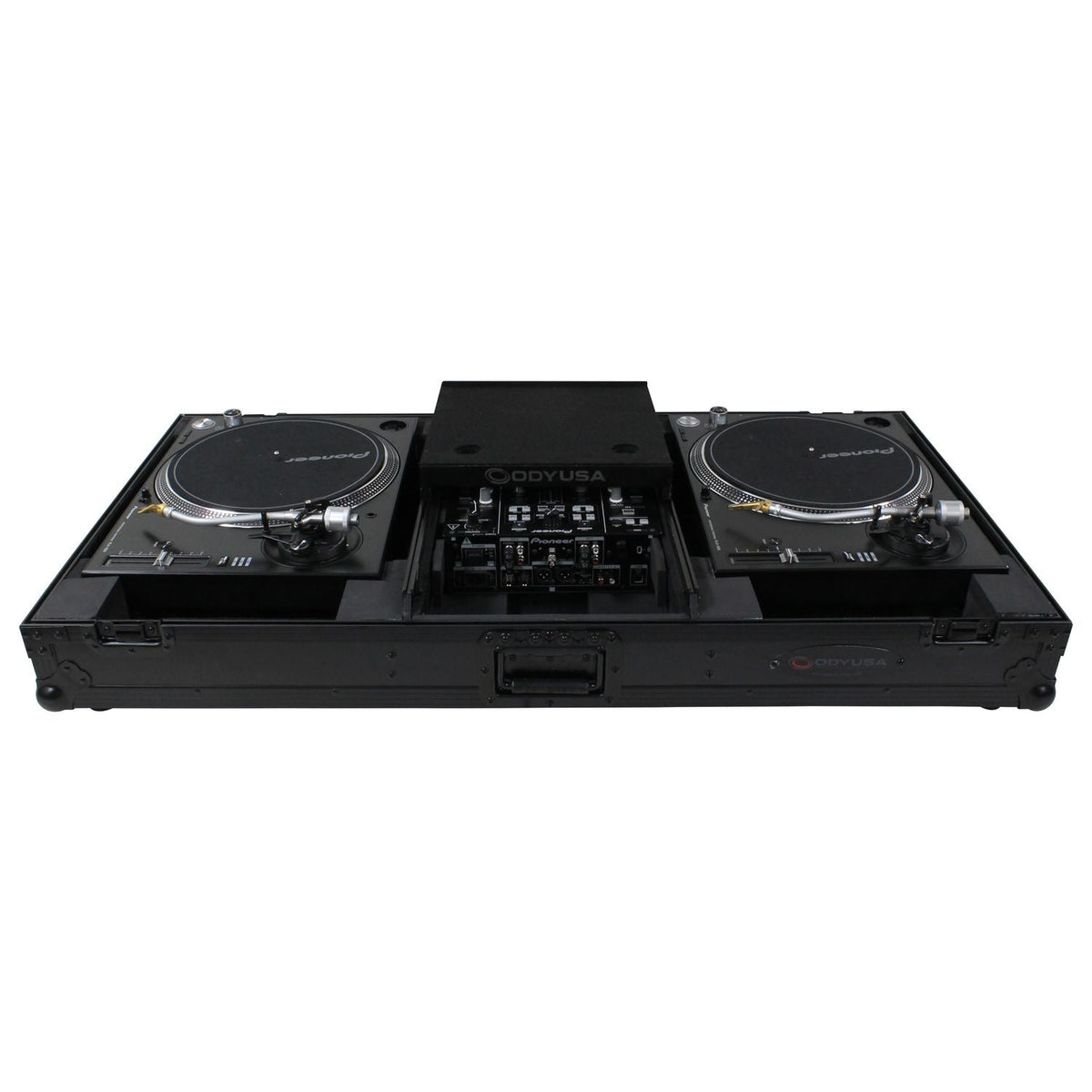 Odyssey FZGSLBM10WRBL - Black Low Profile 10" Format DJ Mixer and Two Battle Position Turntables Flight Coffin Case with Wheels and Glide Platform