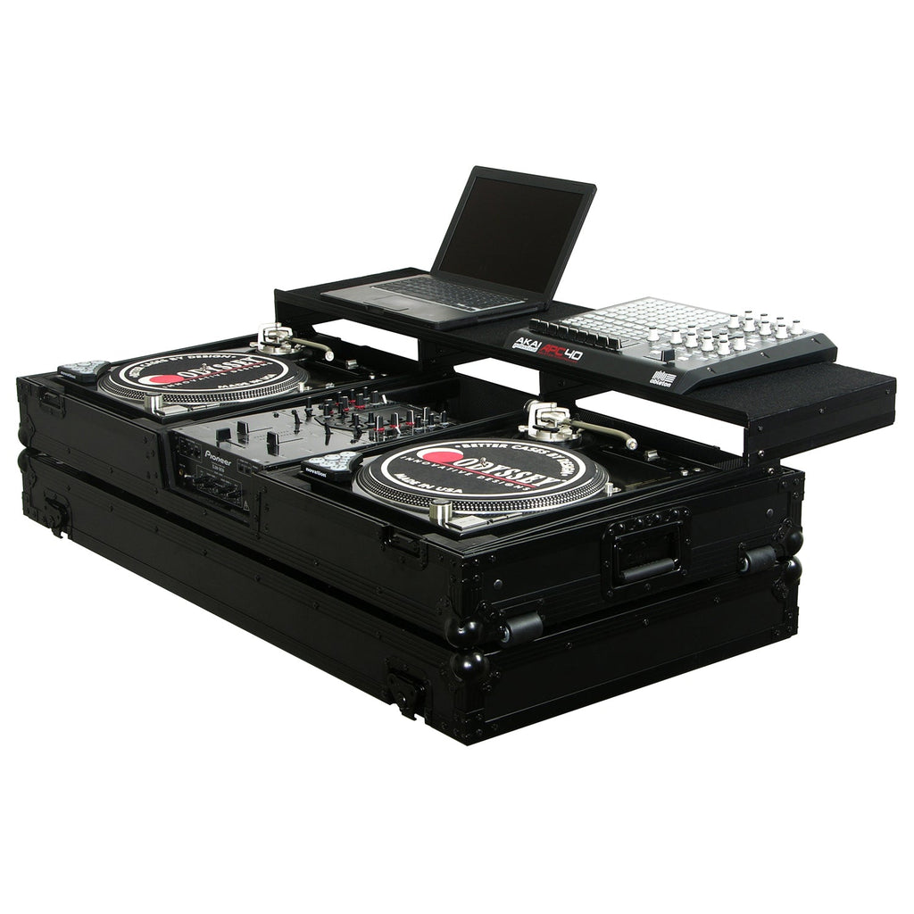 Odyssey FZGSPBM10WBL - Universal Black 10" Format DJ Mixer and Two Battle Position Turntables Flight Coffin Case with Full Glide Platform