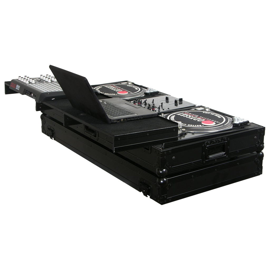 Odyssey FZGSPBM10WBL - Universal Black 10" Format DJ Mixer and Two Battle Position Turntables Flight Coffin Case with Full Glide Platform