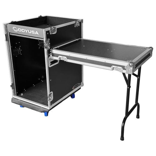 Odyssey FZTCFOH16WDLX - Odyssey 16U Vertical Pro Combo Rack with Side Table and Casters (Flat Top Surface & Tall Lid)