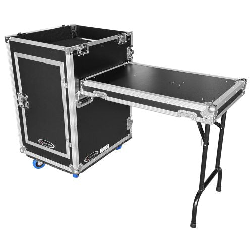 Odyssey FZTCFOH16WDLX - Odyssey 16U Vertical Pro Combo Rack with Side Table and Casters (Flat Top Surface & Tall Lid)