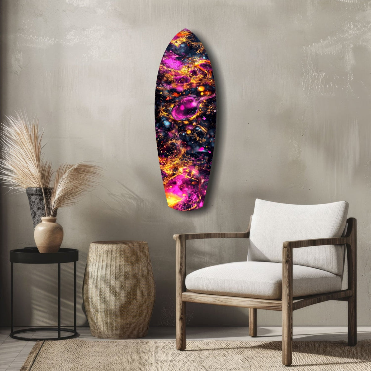 Magenta Gold Cosmic Bubbles Surfboard Glass Wall Art