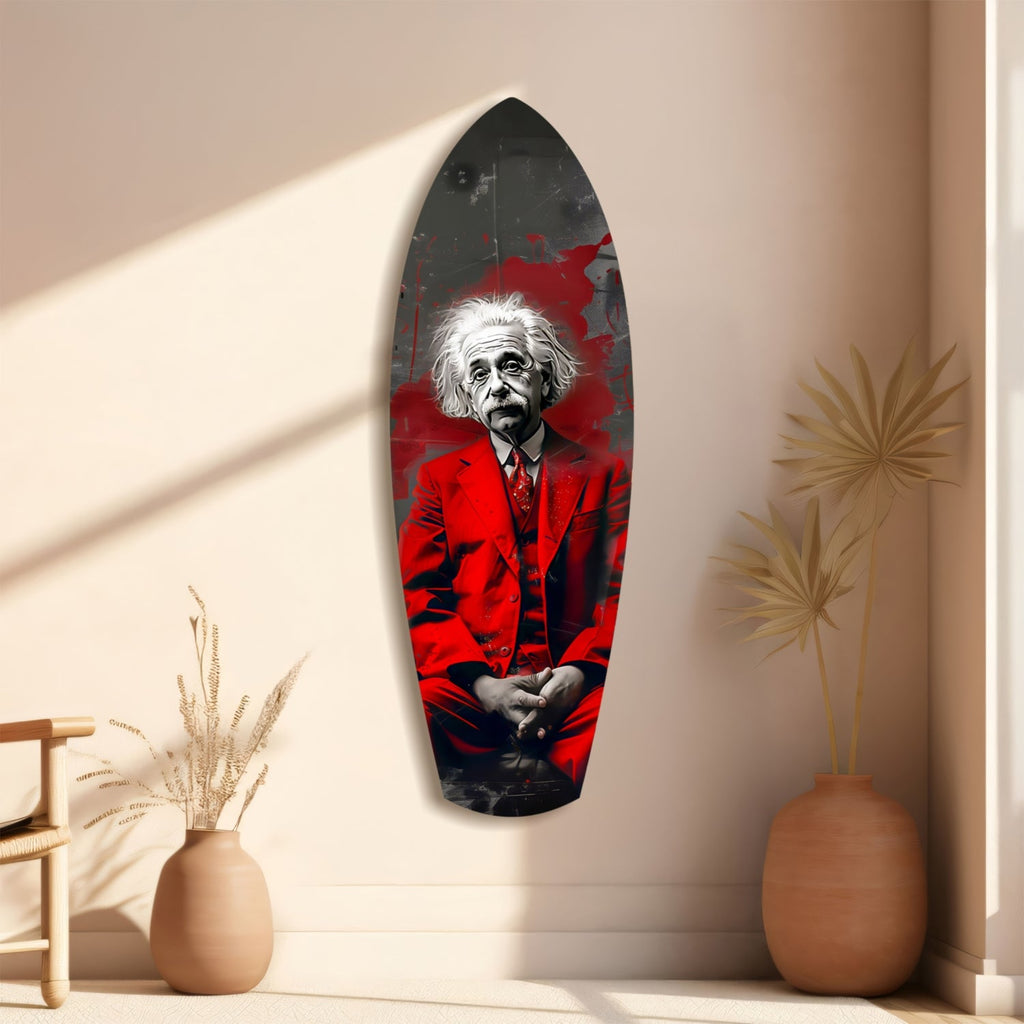 Red Suit Wild Haired Scientist Seated Glass Wall Art